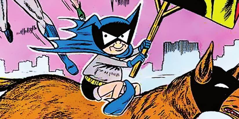Comic book art: Bat-Mite rides Ace the Bat-Hound.