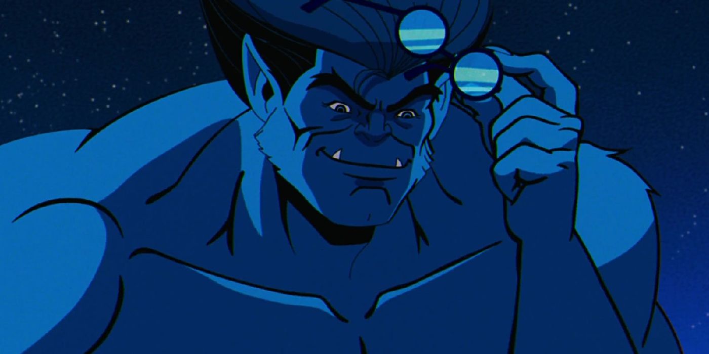 Beast smiling as he lifts his glasses in X-Men '97