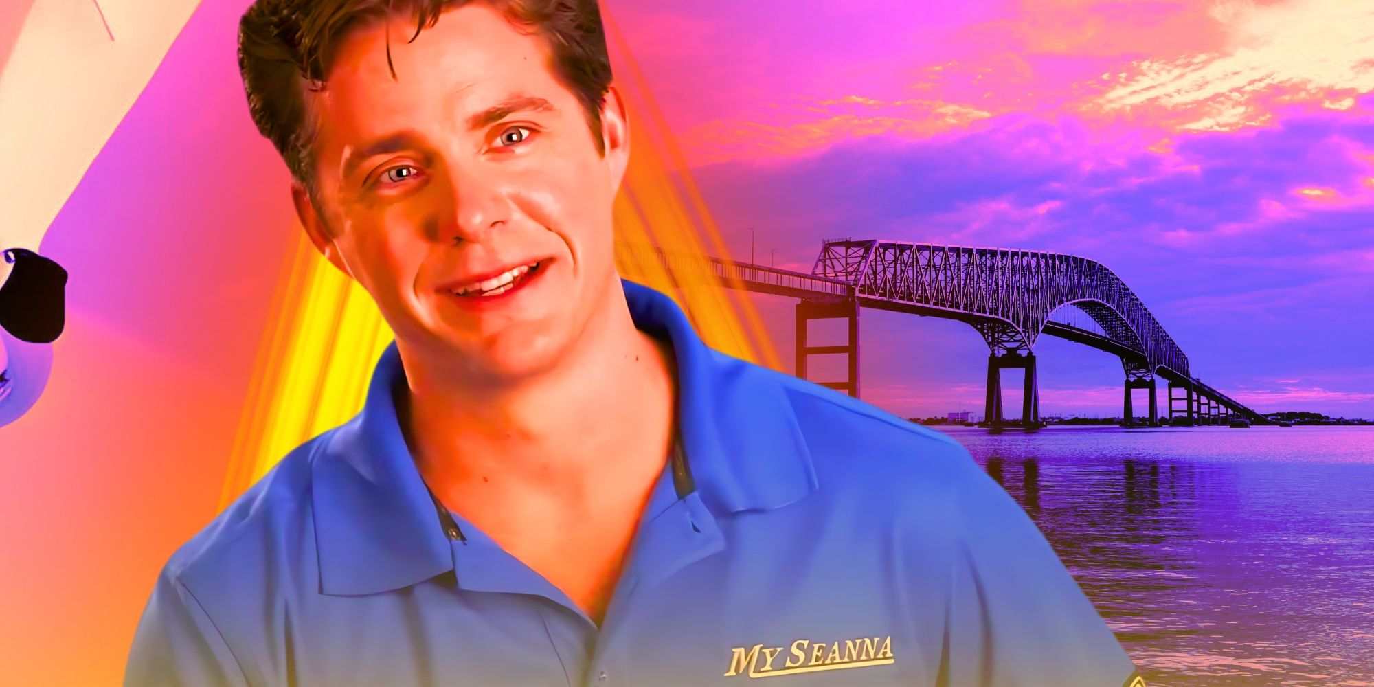 Below Deck's Eddie Lucas smiling, with the Francis Scott Key bridge behind him