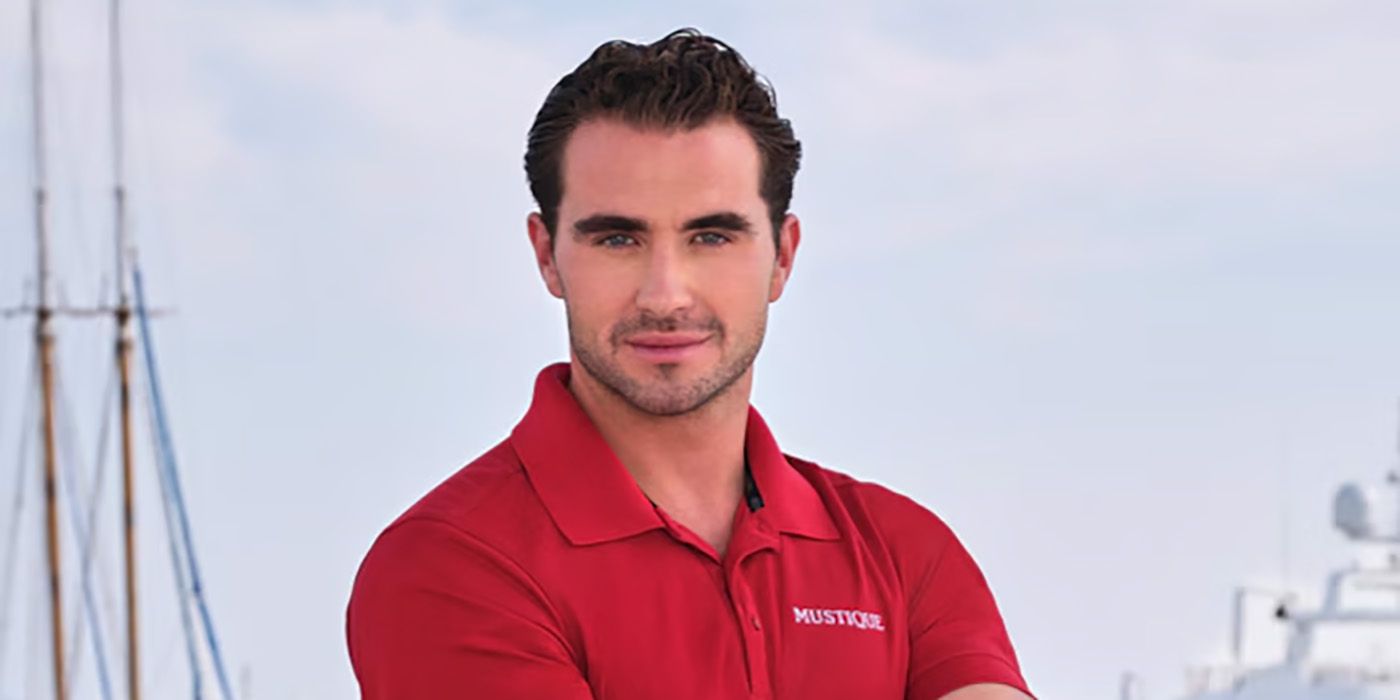 Headshot of Below Deck Med Joe Bradley wears a red shirt posing for a confessional look