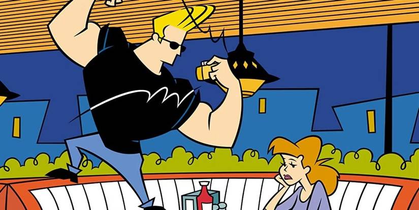 Johnny Bravo standing on top of a restaurant booth flexing his muscles while a woman sits with a glum expression
