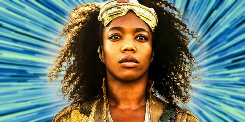 Naomi Ackie as Jannah in The Rise of Skywalker looking forward with a bright blue background behind her