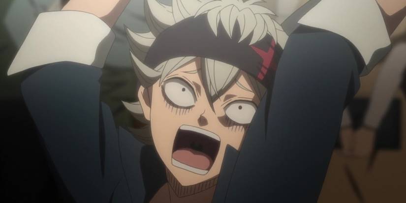 Screenshot from Black Clover anime shows Asta yelling and throwing his arms up in the air.