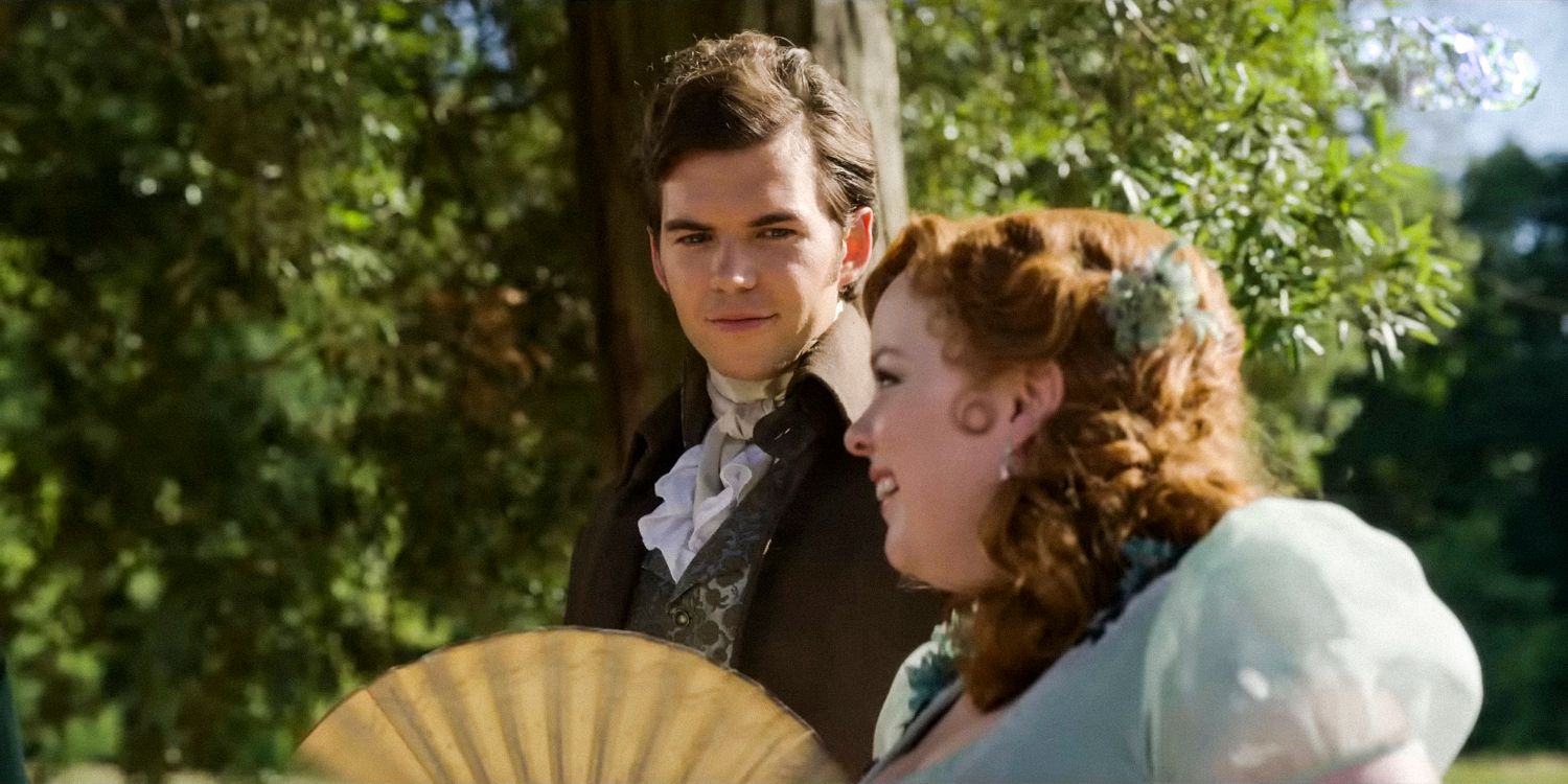 Colin Bridgerton watches as Penelope Featherington flirts using a fan in Bridgerton season 3 trailer