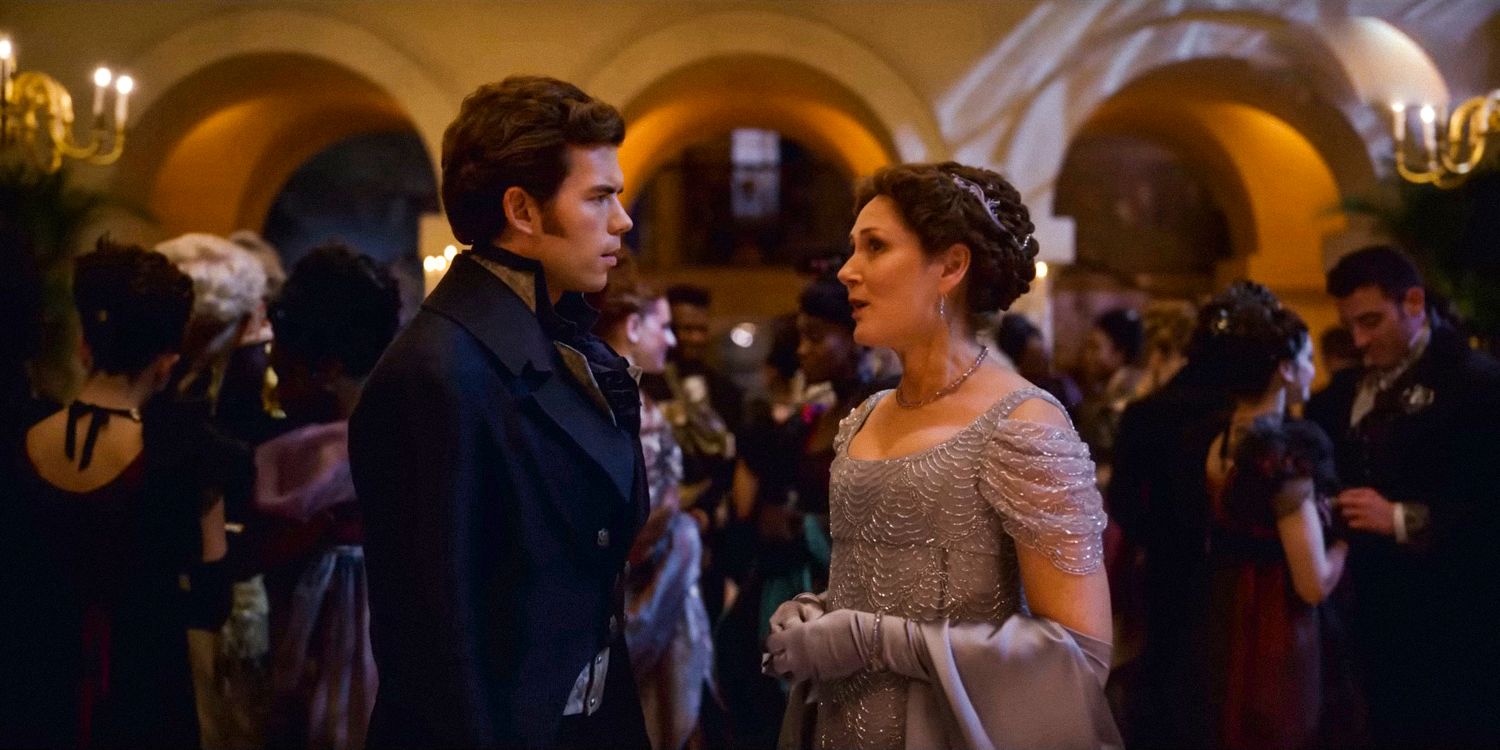 Colin Bridgerton stands in front of Lady Violet Bridgerton as they chat in Bridgerton season 3 trailer