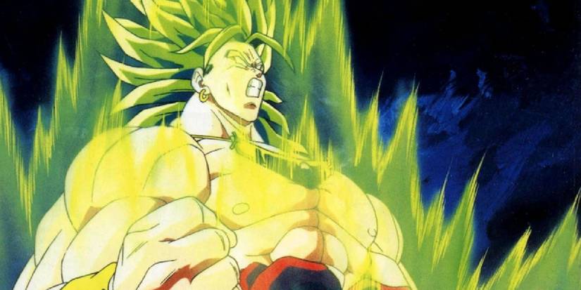 Broly with an aura of power around him as he goes Legendary Super Saiyan in one of Dragon Ball's movies.
