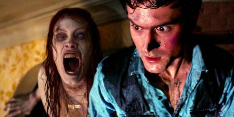 Bruce Campbell in The Evil Dead looking scared while Alyssa Sutherland is one of the Deadites in Evil Dead rise
