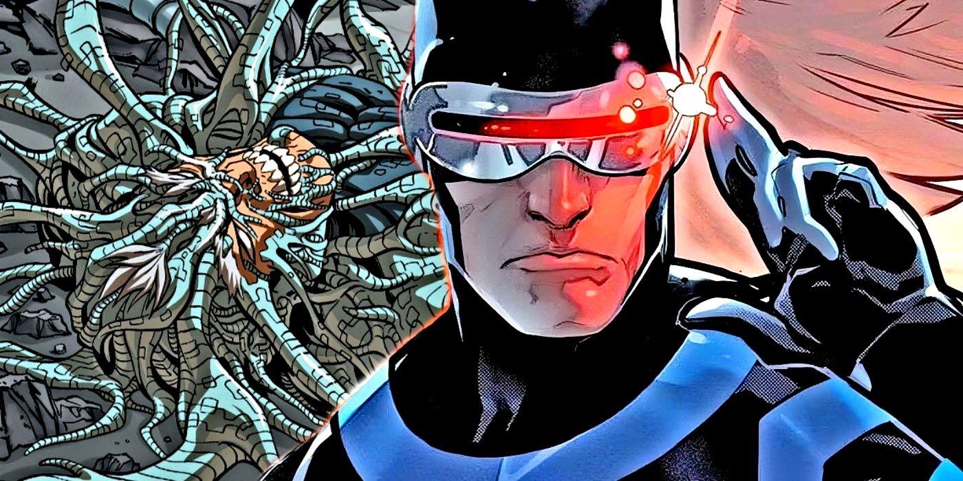 X-Men's Cyclops with Cable being overtaken by the techno-organic virus behind him.