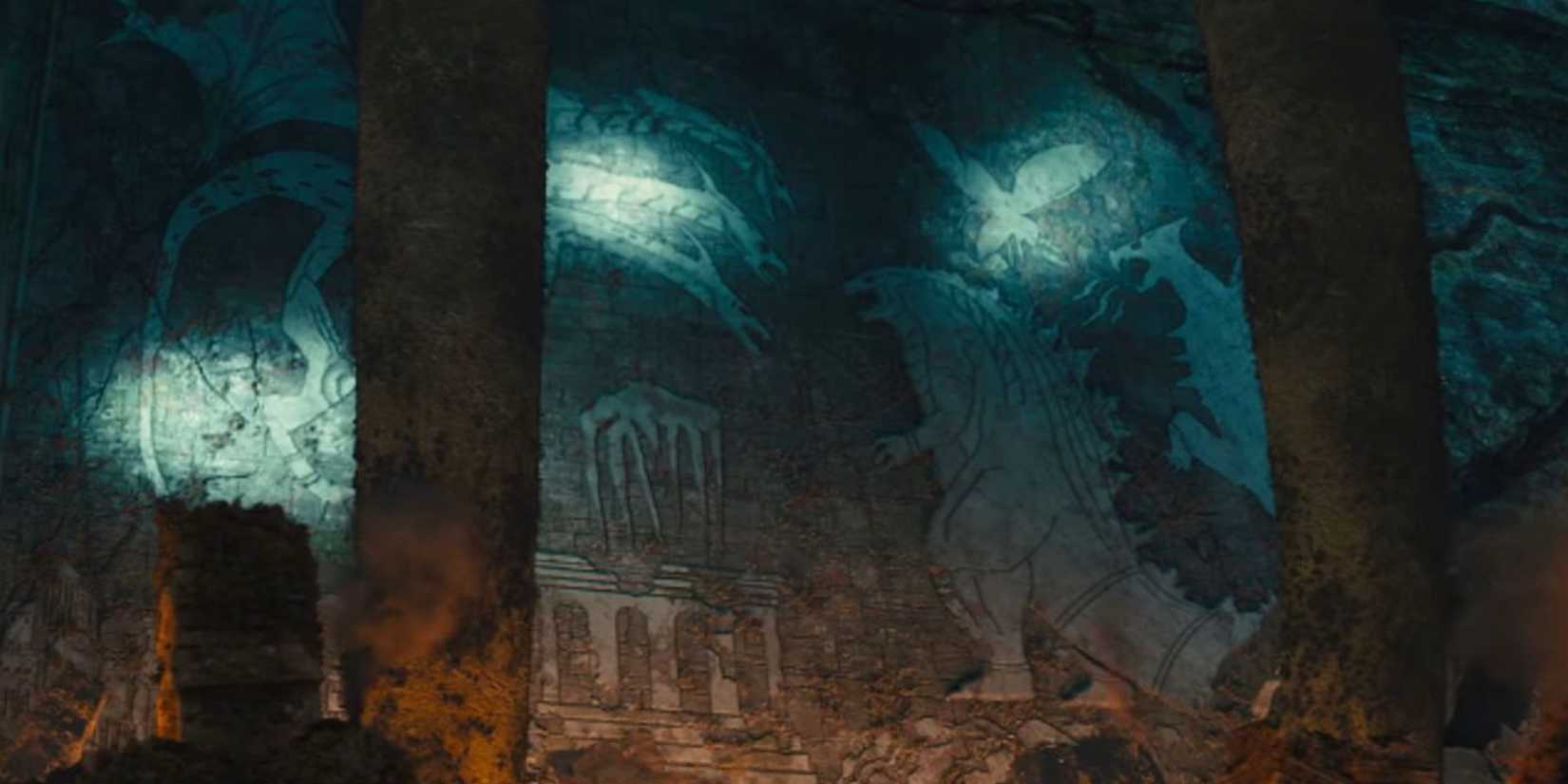 Mural na Terra Oca mostrando a batalha dos Titãs