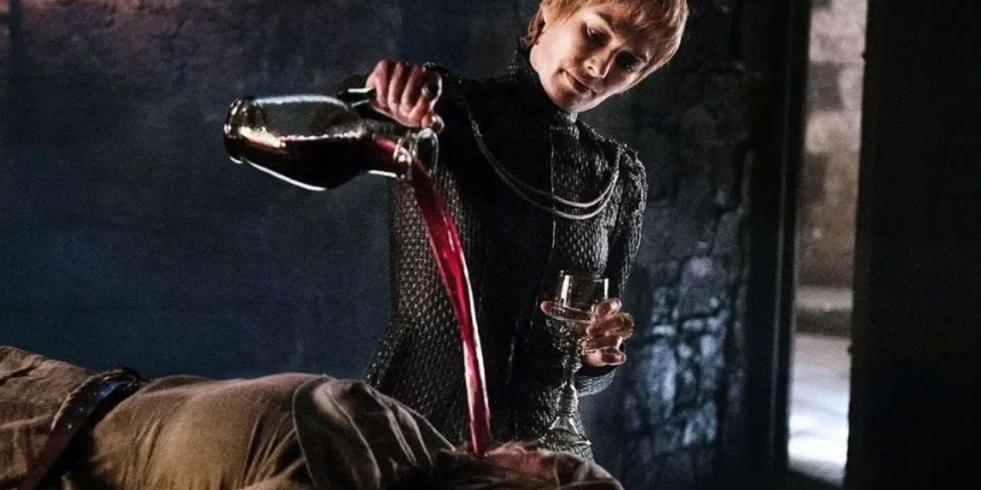 Cersei (Lena Headey) pours wine onto Septa Unella's (Hannah Waddingham) face in Game of Thrones