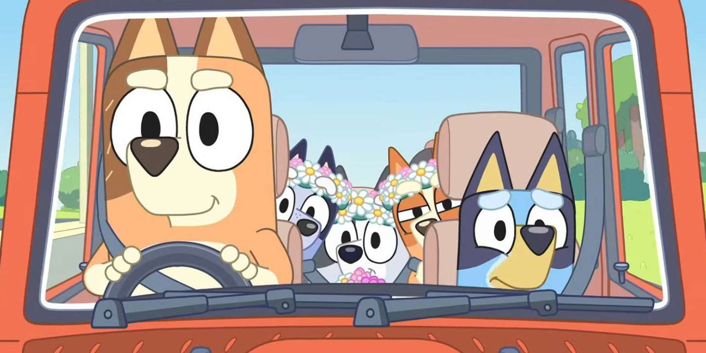 Chilli drives Bluey, Bingo, Muffin and Socks in Bluey's The Sign episode