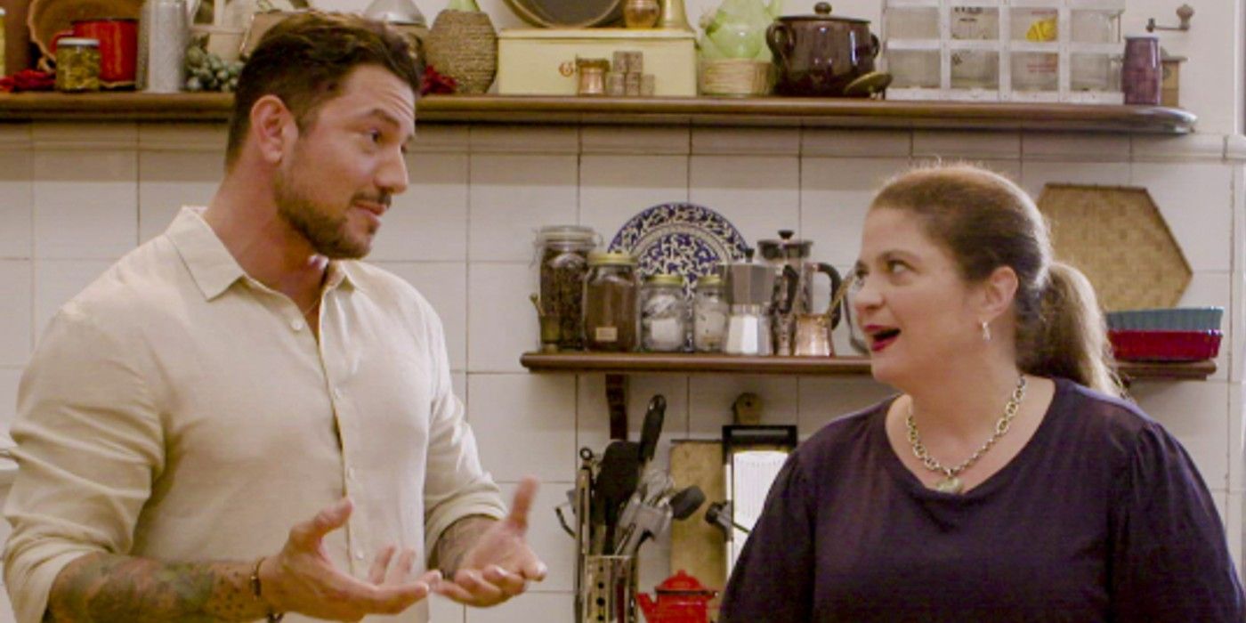 Ciao House judges Gabe Bertoccini and Alex Guarnaschelli chatting in the kitchen