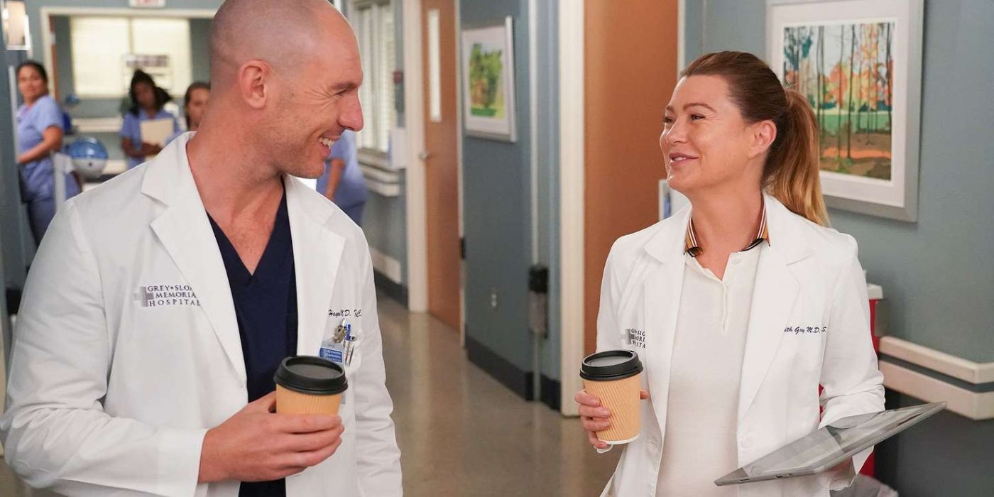 Cormac Hayes (Richard Flood) and Meredith Grey (Ellen Pompeo) smile at each other in the hallway in Grey's Anatomy
