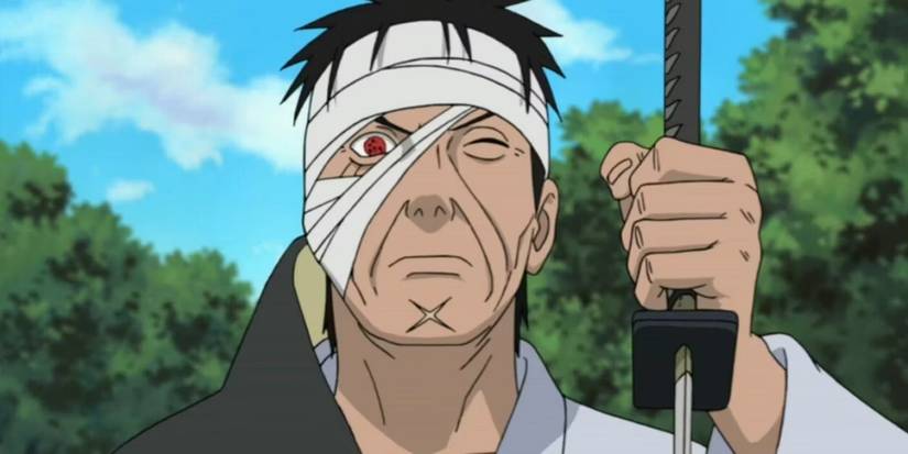 Danzo holding up a katana in Naruto Shippuden anime with the Sharingan in his right eye exposed.