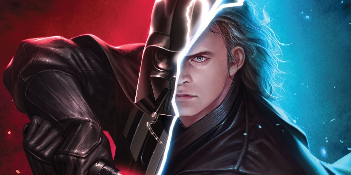 Image of Darth Vader merged with Anakin Skywalker.