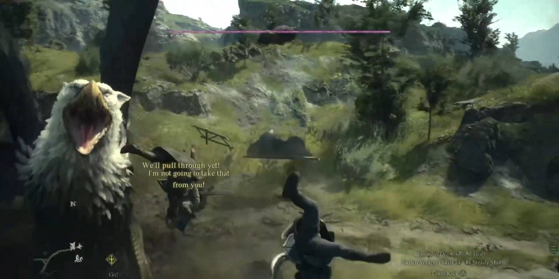 Um grifo de Dragon's Dogma 2 destruindo a carroça de boi de um jogador.