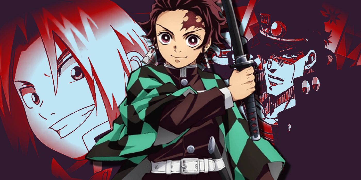 Tanjiro von Demon Slayer, Edward von Fullmetal Alchemist und Jotaro von JoJo's Bizarre Adventure in einer rot-blauen Collage mit Tanjiro vorne.