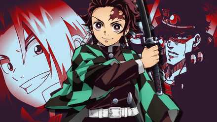 Demon Slayer's Tanjiro, Fullmetal Alchemist's Edward, and JoJo's Bizarre Adventure's Jotaro in a red and blue collage with Tanjiro up front.