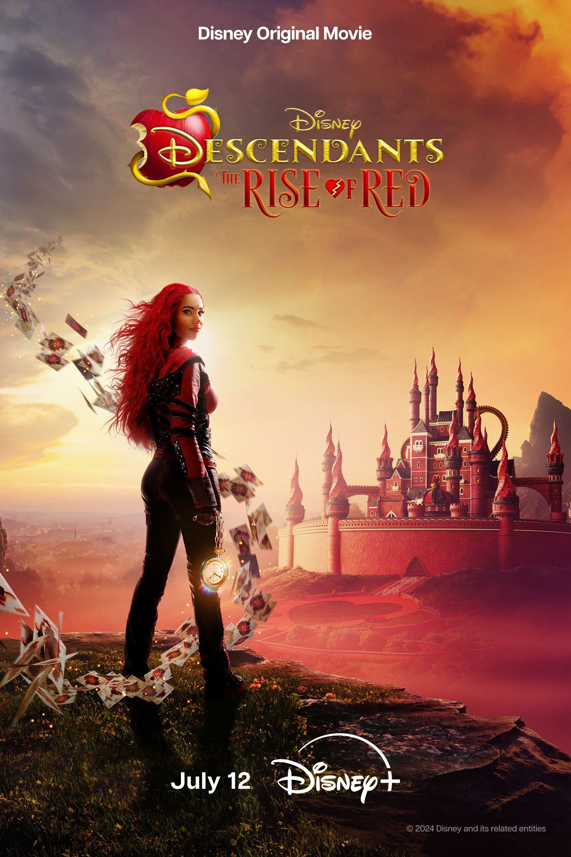 Descendants The Rise of Red poster depicting a woman with red hair standing in front of a castle as cards fly around her