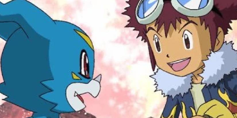 Digimon's Davis & Veemon shake hands and smile at each other in front of a pink sky.
