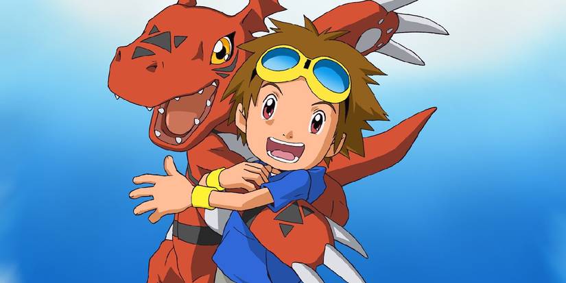 Digimon Tamers' Takato & Guilmon hugging and smiling with a gradient blue background behind them.