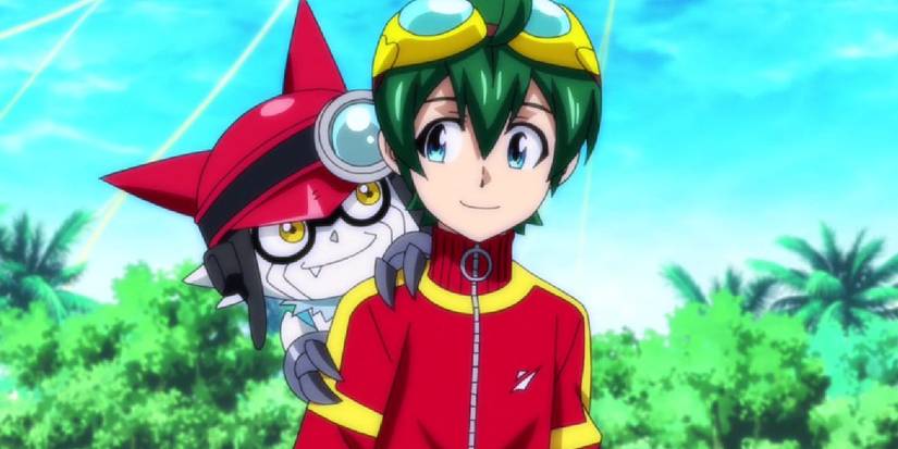 Digimon Universe: Appmon's Haru in a bright jungle with Gatchmon on his shoulder.