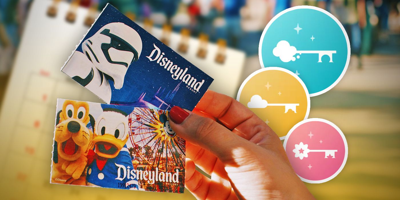 Someone holding Disneyland tickets layered over a calendar and magic key pass logos
