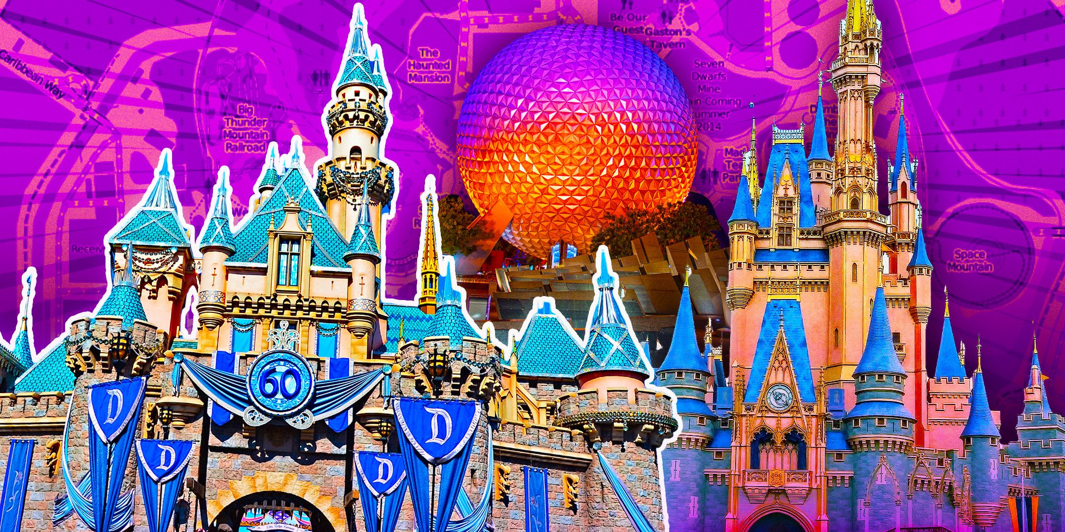 Castles from Disney World and Disneyland with the Epcot ball in the background