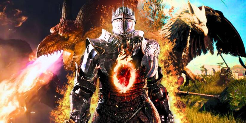 Dragon's Dogma 2 The Arisen standing in front of The Dragon breathing fire and a griffin