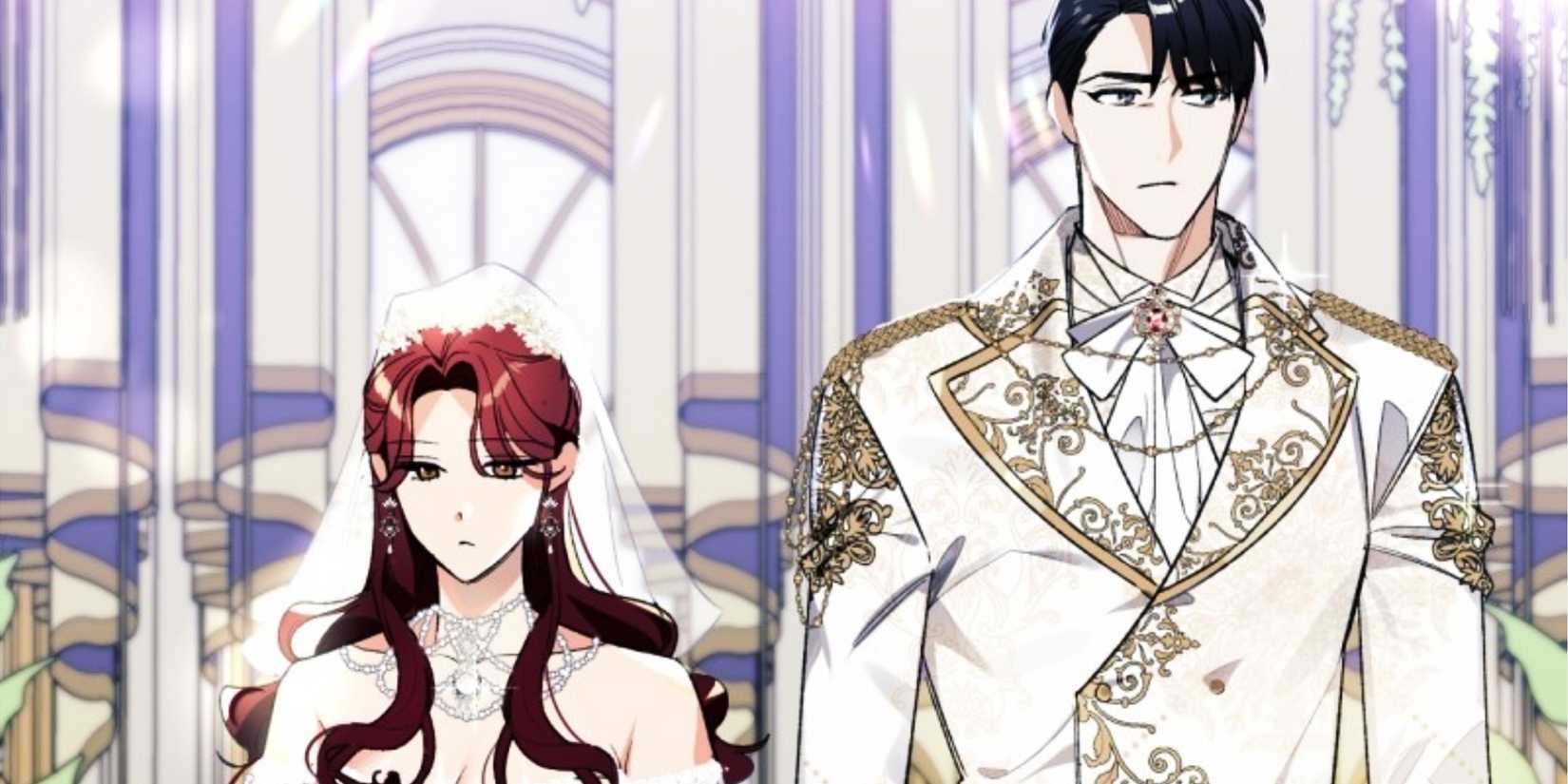 edith and killian standing next to each other looking sullen as they are about to get married in not your typical reincarnation story