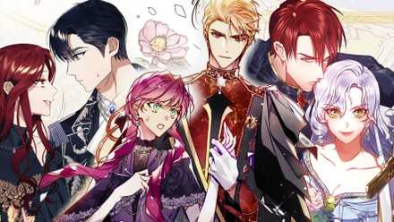 Eneemies to lovers manhwa couples featuring edith and killian to the left, penelope and callisto in the center and mercadia and demetriu to the right