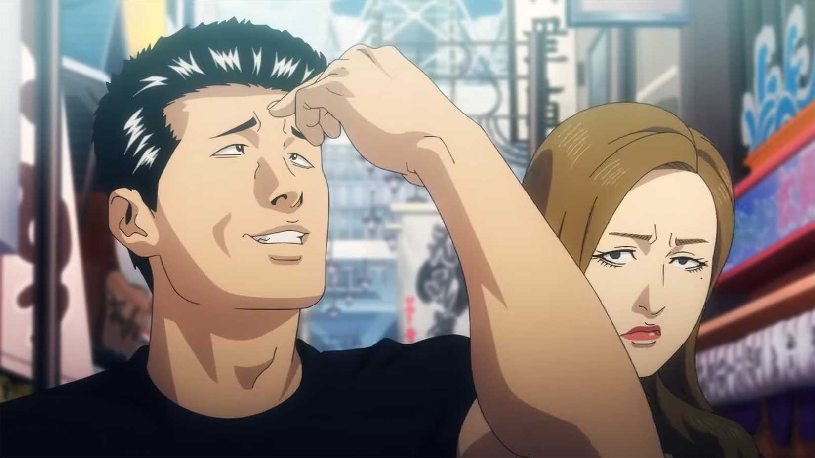 Screen capture from The Fable's anime opening. In it, Akira and Yoko stand in a shopping arcade. Akira is tapping his forehead with a dumb expression, while Yoko looks on in annoyance.