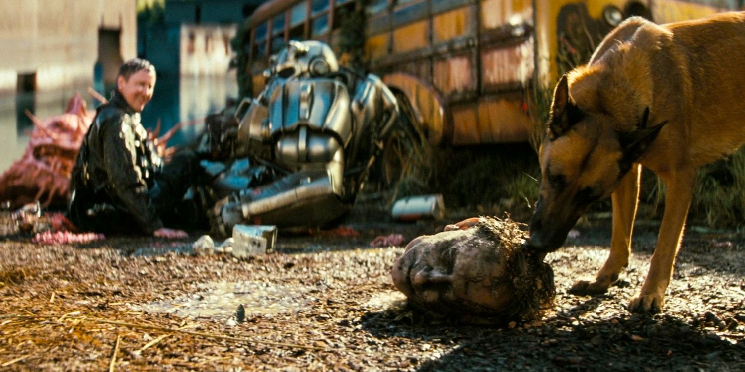 CX404 finds the head of Dr. Siggi Wilzig, with Thaddeus assisting Maximus, who is wearing a power armor suit in the background in Fallout season 1