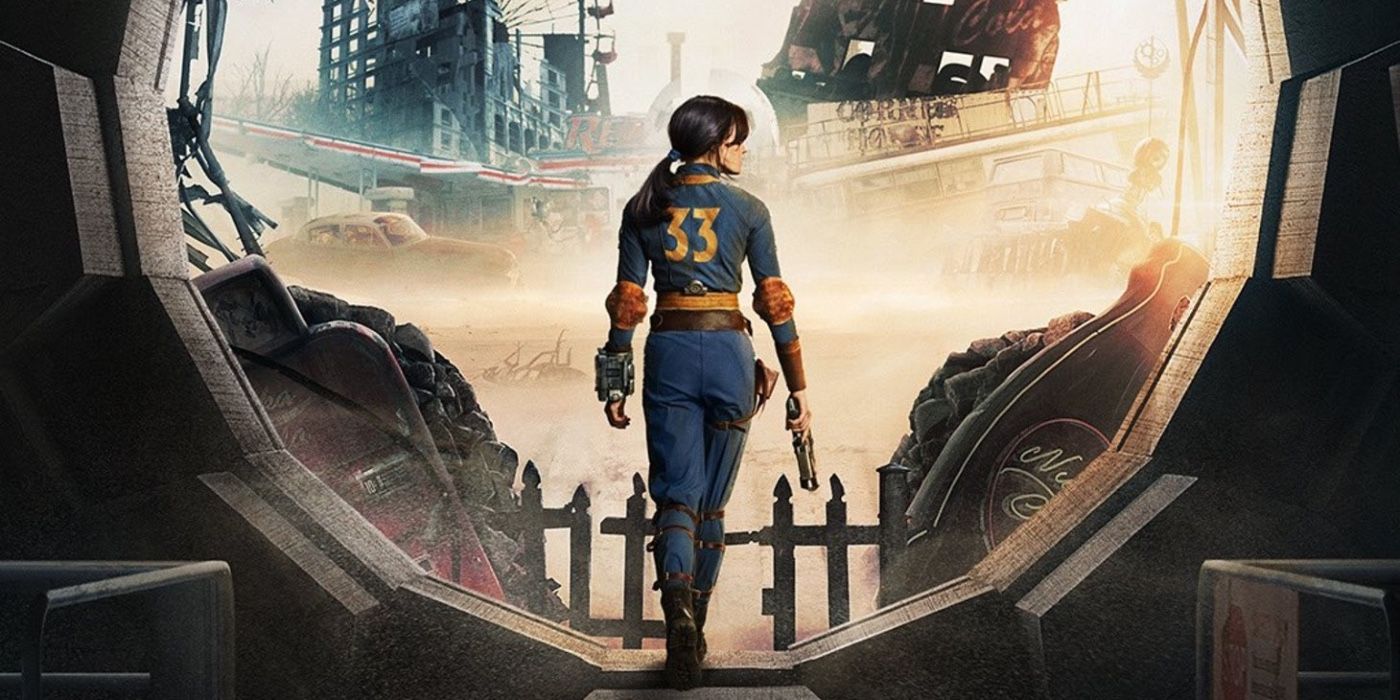 Lucy carries a pistol while walking out of the vault entrance on the Fallout season 1 poster.