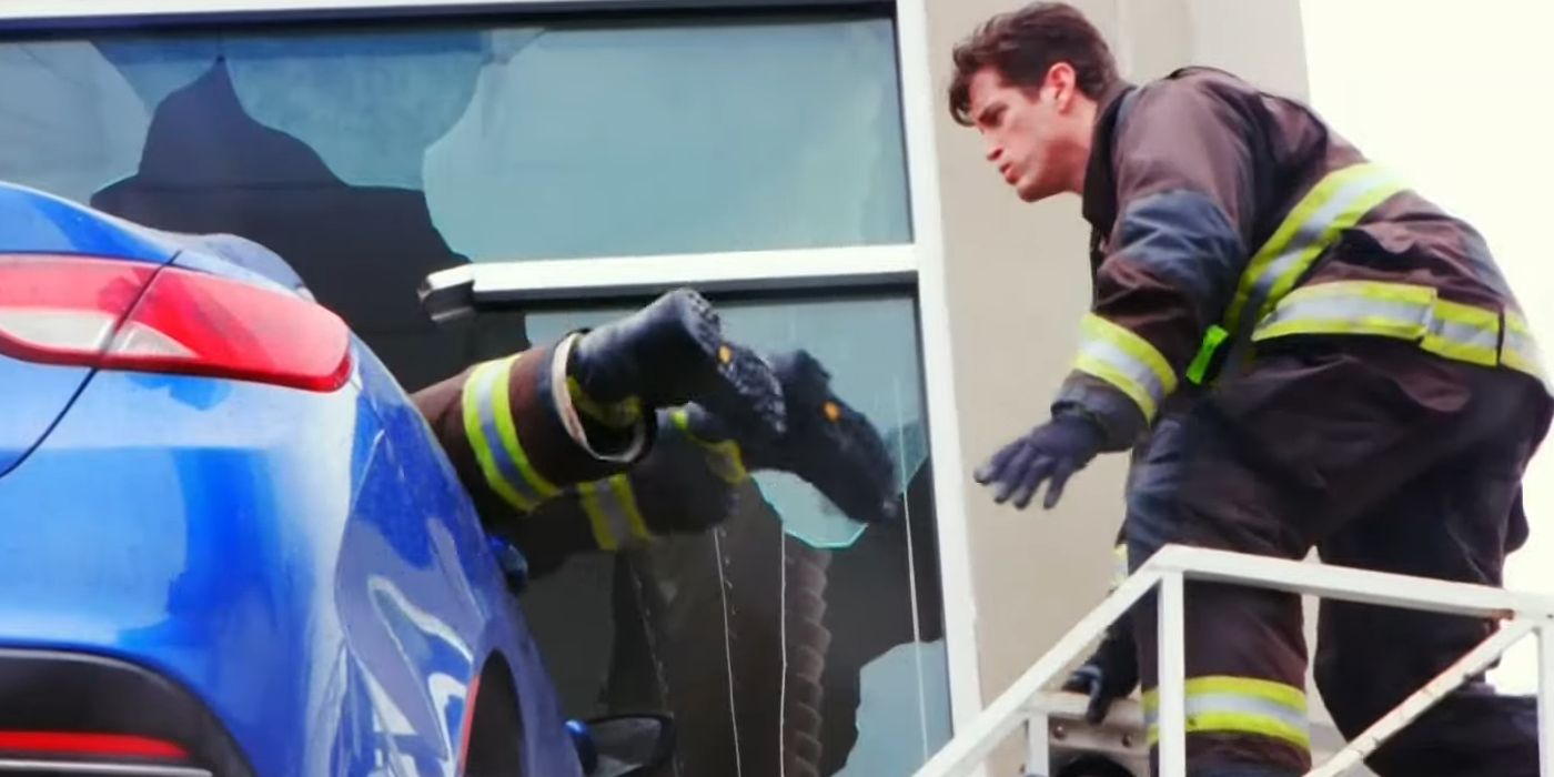 Firefighters Entering a Car Stuck in a Building in Chicago Fire Season 12 Episode 10