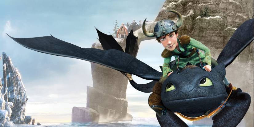 Hiccup with a Viking helmet flying on Toothless in Dragons: Gift of the Night Fury (2011)