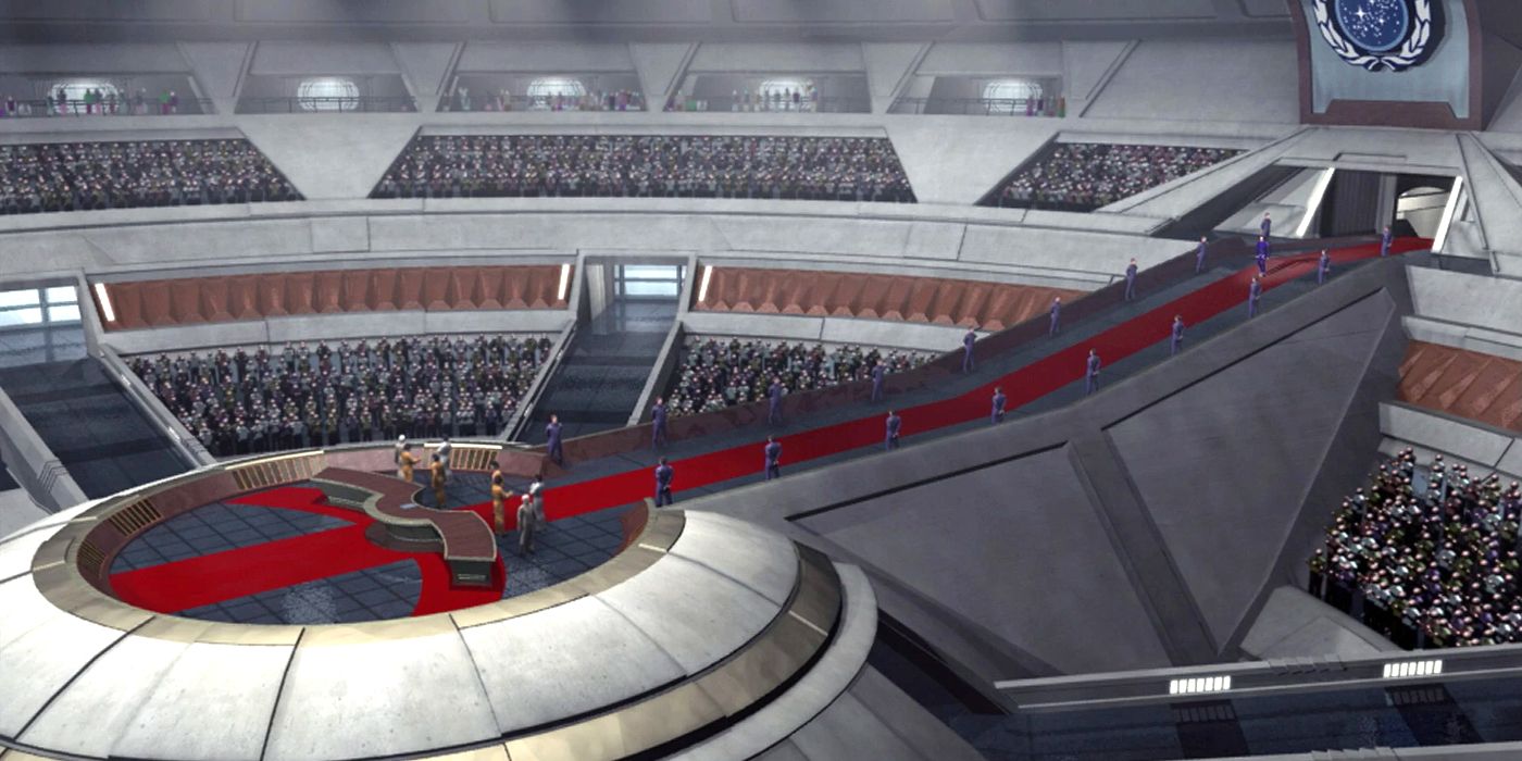 Cerimônia de fundação da Federação Unida de Planetas em Star Trek.