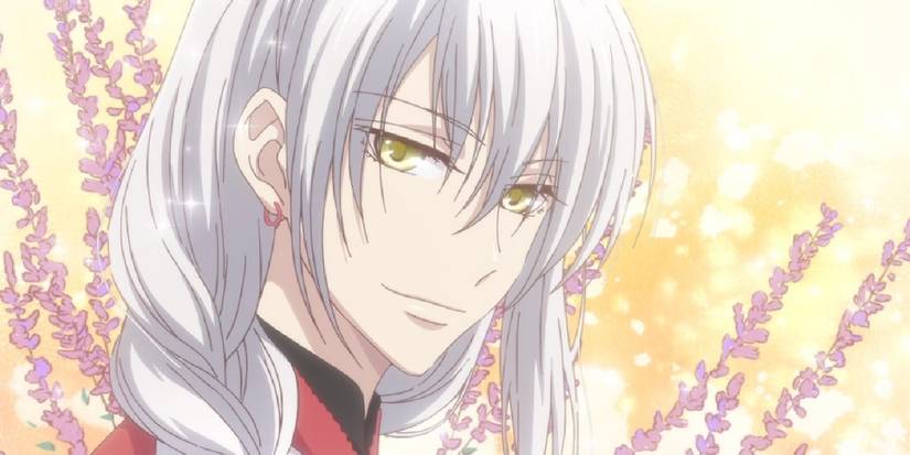 Fruits Basket's Ayame with twigs of lavender behind him and a yellow background.