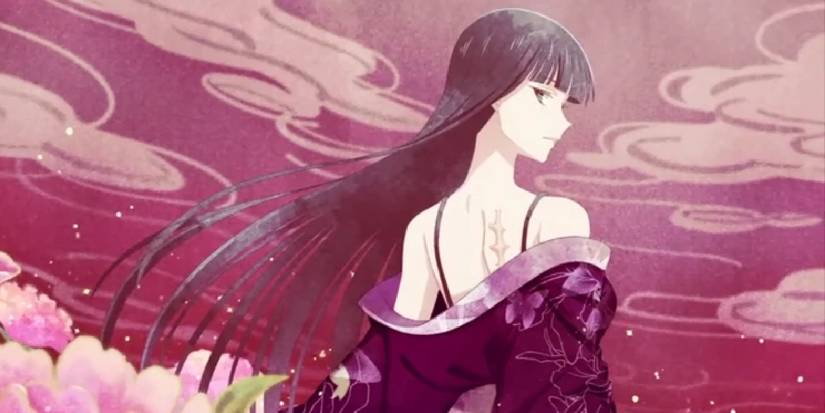 Fruits Basket's Isuzu in a Kimono against a pink backdrop reminiscent of old Japanese art.