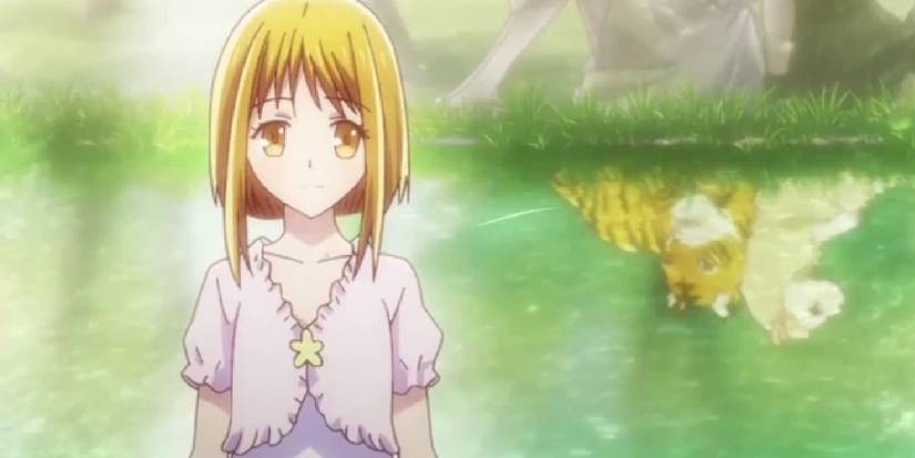 Fruits Basket's Kisa standing in a pink dress near water with her tiger form reflected back.