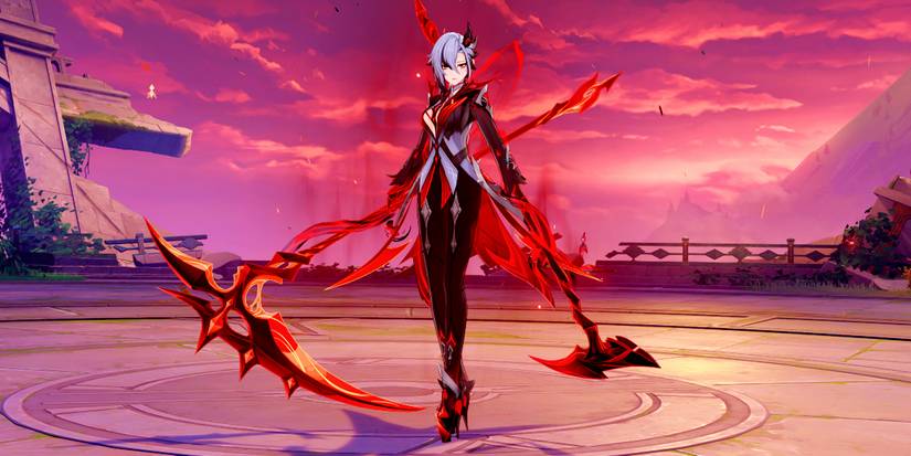 Arlecchino's boss form in Genshin Impact wields two large red scythes.