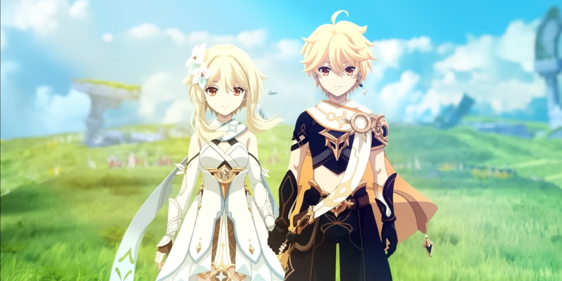 Aether and Lumine hold hands while standing in a windy green field, while looking towards the view. 