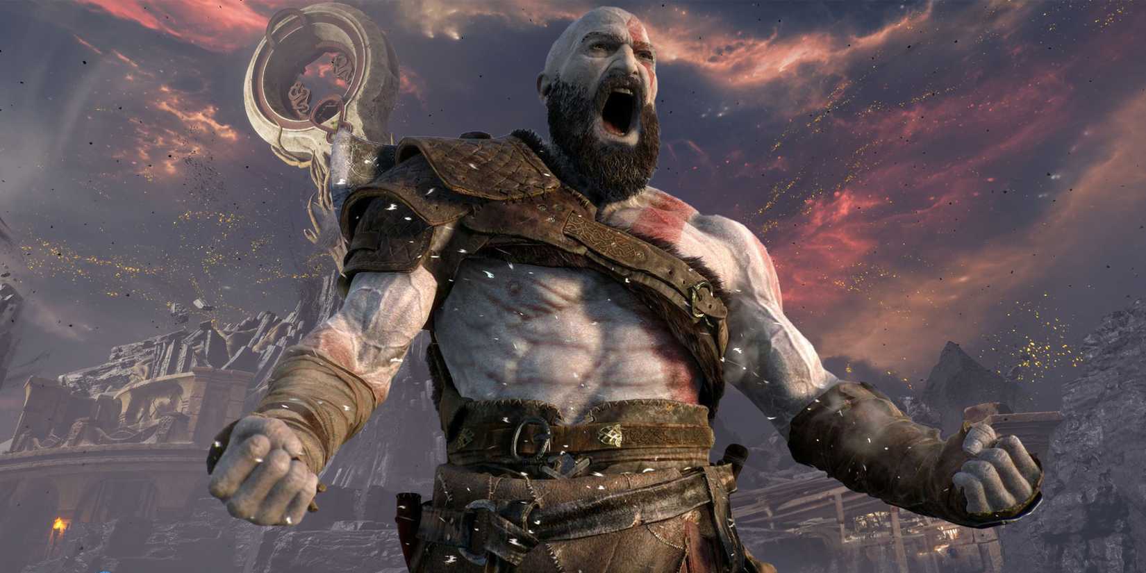 Kratos against an apocalyptic background from Valhalla.