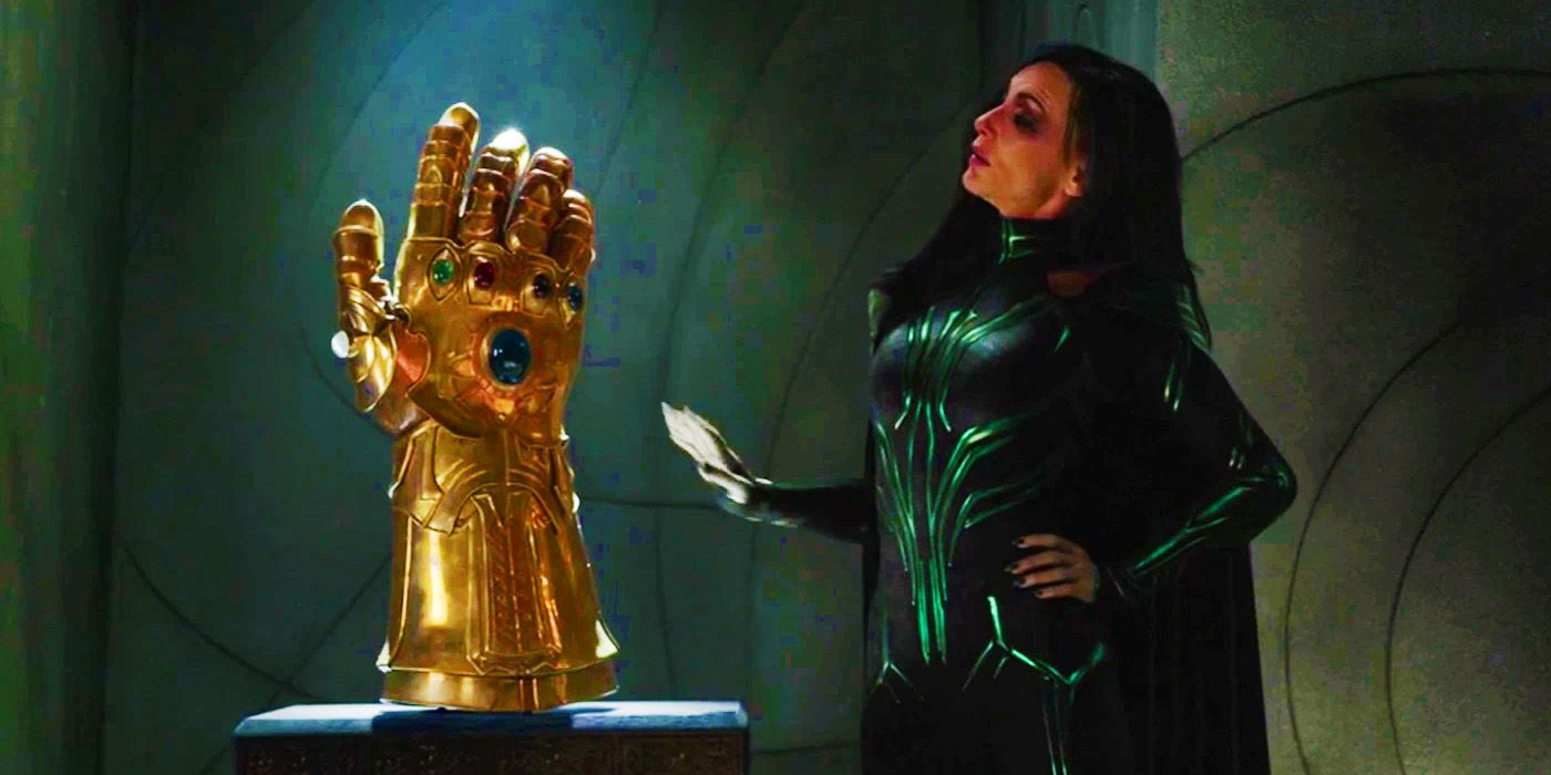 Hela with the fake Infinity Gauntlet in Thor Ragnarok