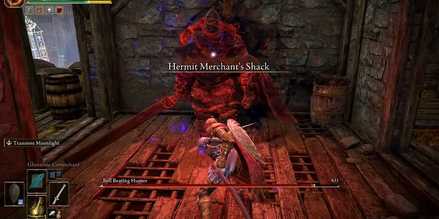 Bell Bearing Hunter aparecendo em Hermit Merchan't Shack em Elden Ring.