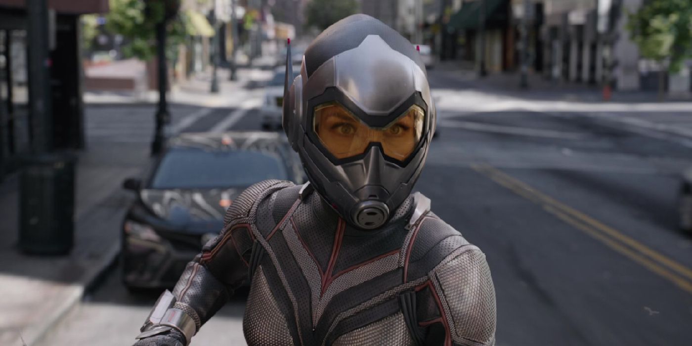 Hope Van Dyne suited up on a road in Ant-Man and the Wasp