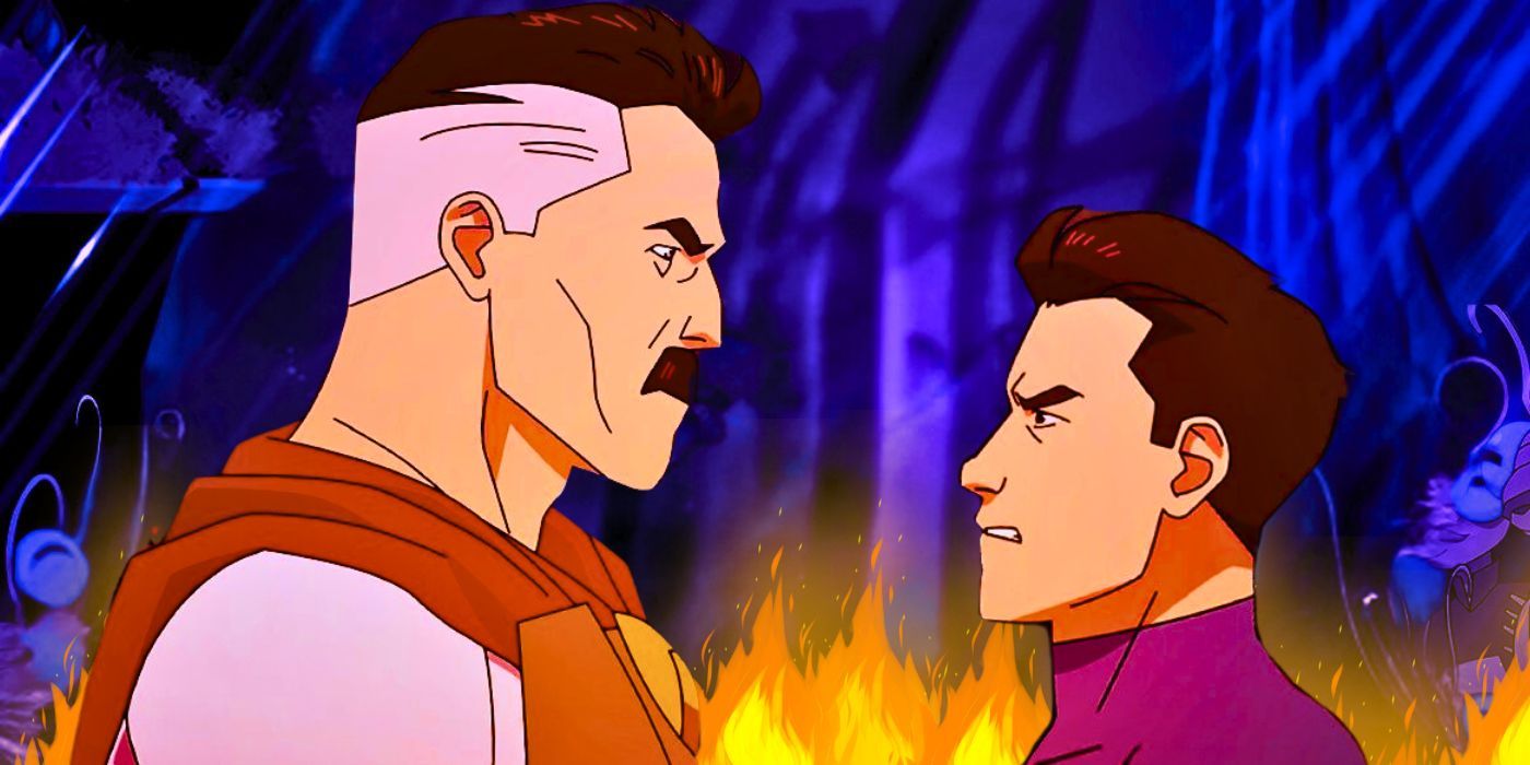 Omni-Man and Mark Grayson stare at each other angrily with fire in the background in Invincible