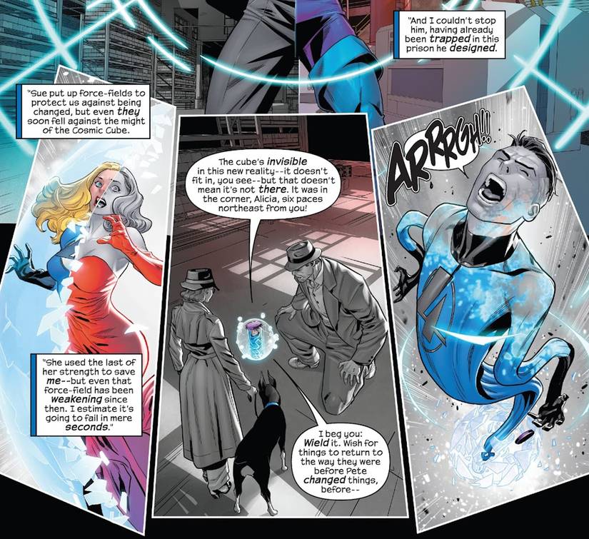 Mr. Fantastic and the Invisible Woman are shown changing from their normal costumes into a detective noir illusion. Reed speaks to Ben Grimm and Alicia Masters from within a force field protected tube.