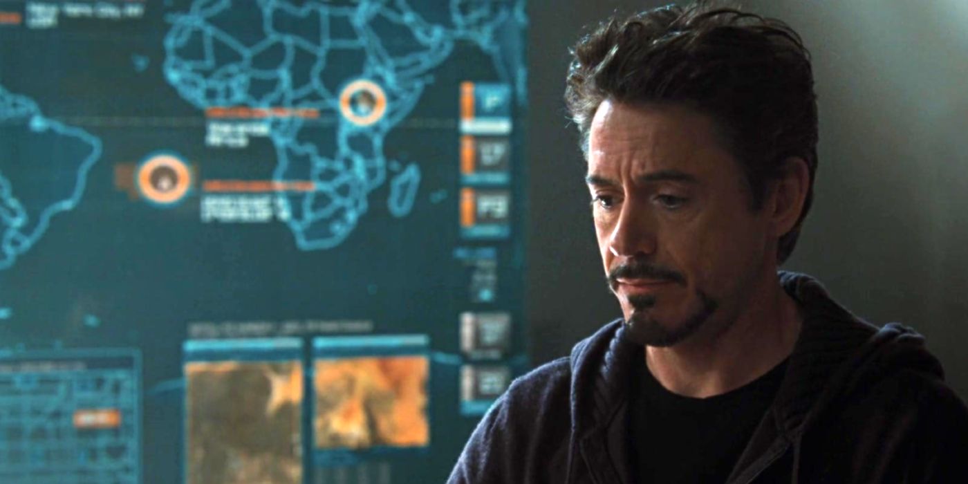 Iron Robert Downey Jr as Tony Stark in front of a map showing Atlantis and Wakanda in Iron Man 2 (2010)