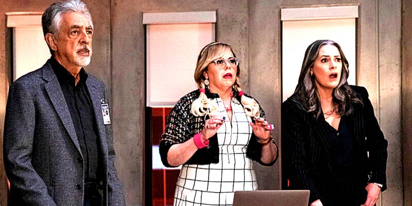 Rossi, Garcia, and Prentiss look at something in shock in Criminal Minds: Evolution